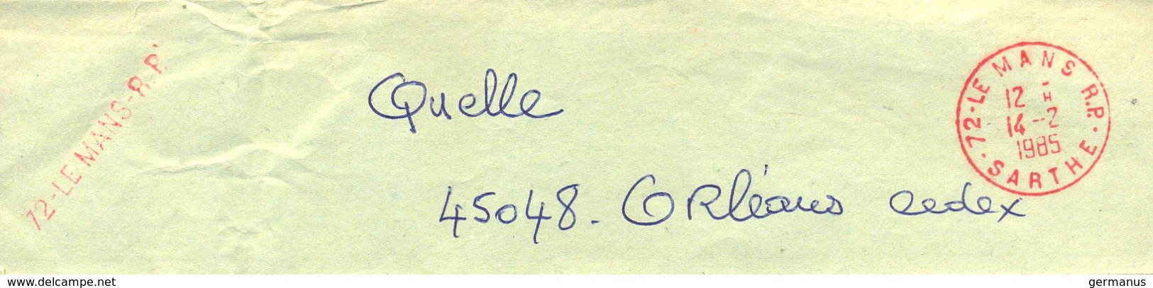 COLLIER SAC POSTAL TàD & GRIFFE Rouge 72-LE MANS R.P.  - SARTHE - Du 14-8-1985 => QUELLE 45048 ORLEANS CEDEX - Documents Of Postal Services