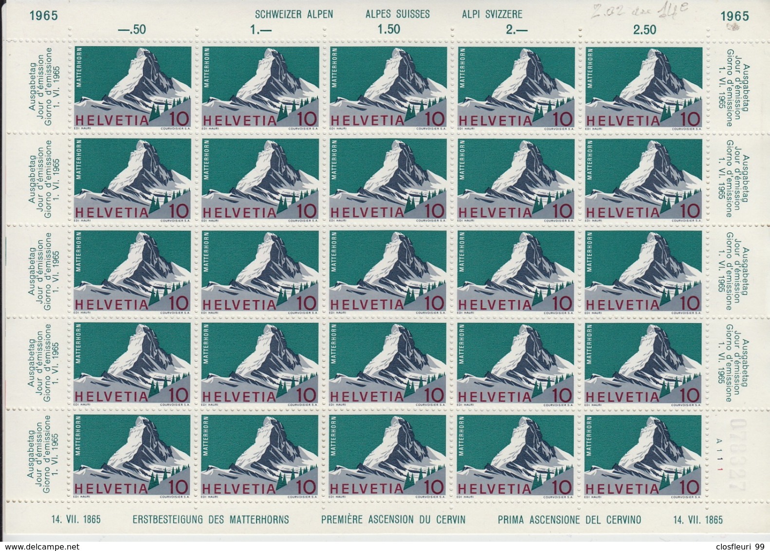 Feuille Complète Le Cervin (Matterhorn) N° 433 ** Avec Variété (Abart) 433.2.02. Gomme Intégrale - Unused Stamps