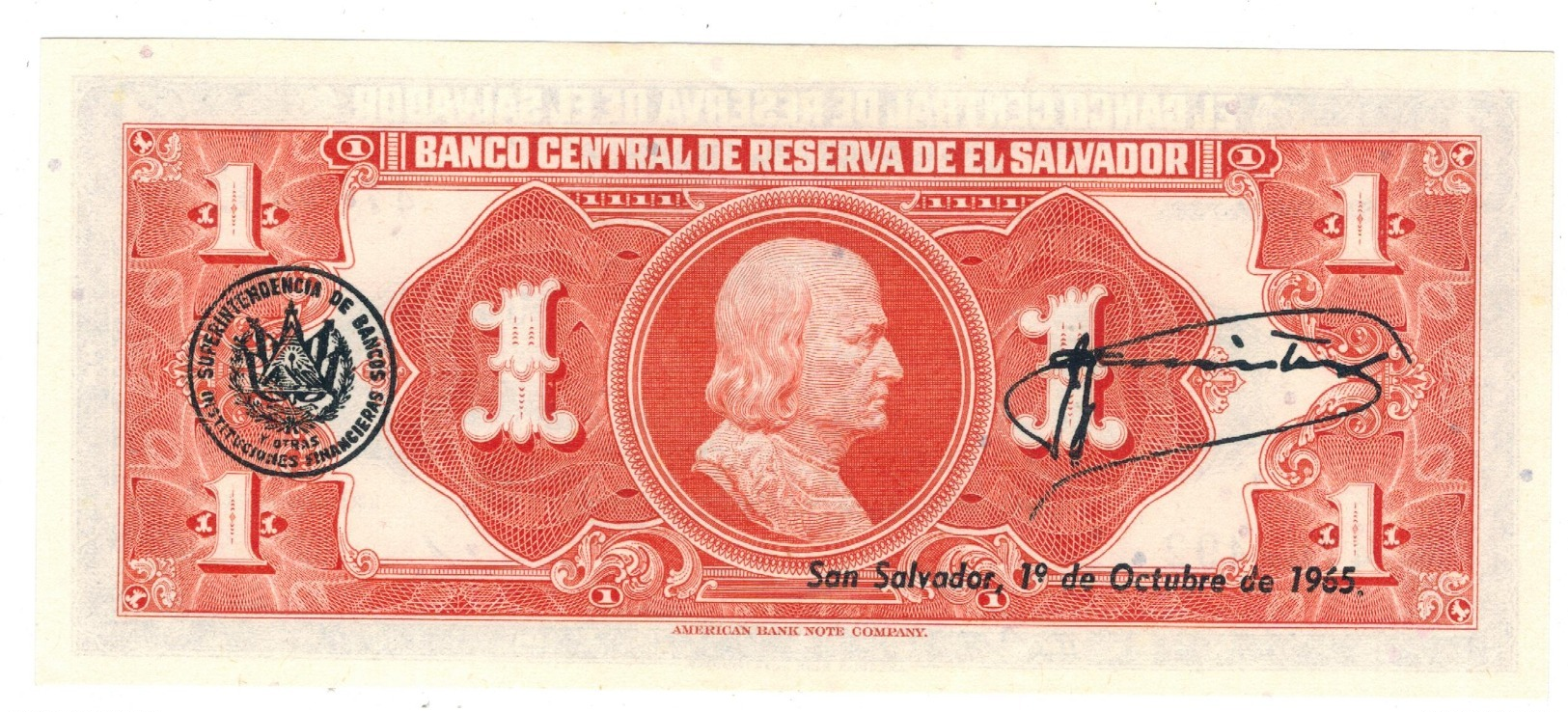 El Salvador 1 Colon 1964.  XF/aUNC. Rare. - El Salvador