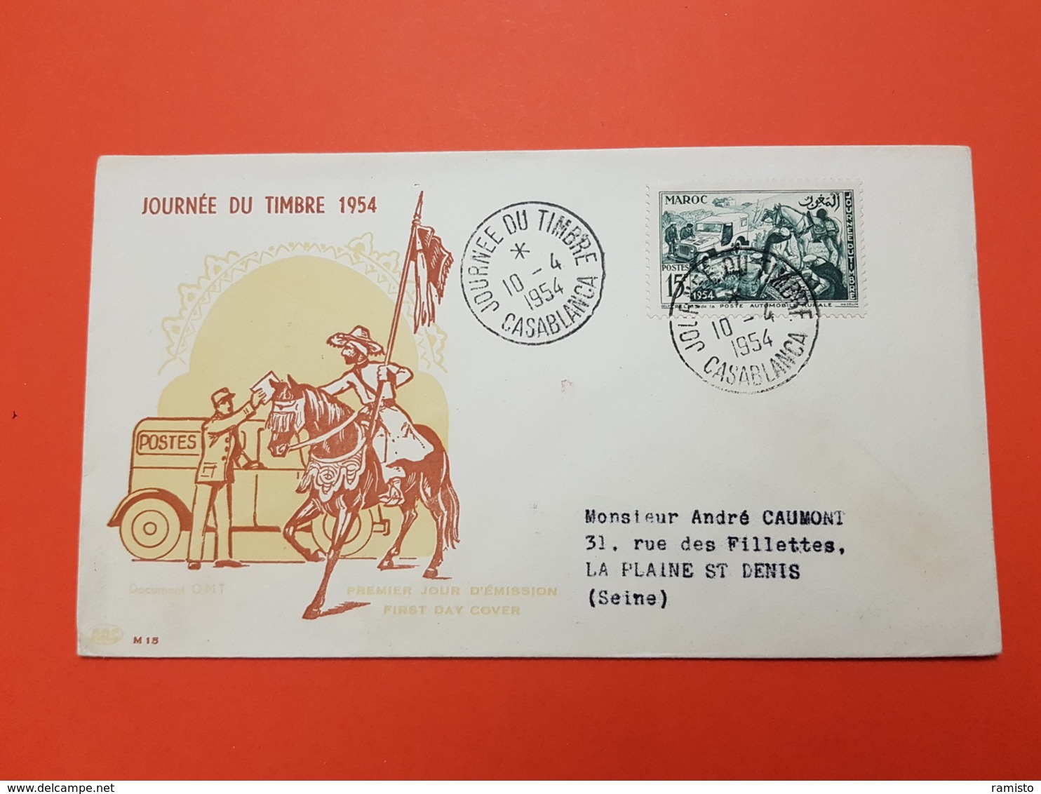 Premier Jour - Maroc - Journée Du Timbre 1954 - Casablanca - 10/4/1954 - Relais De La Poste Automobile Rurale - 1950-1959