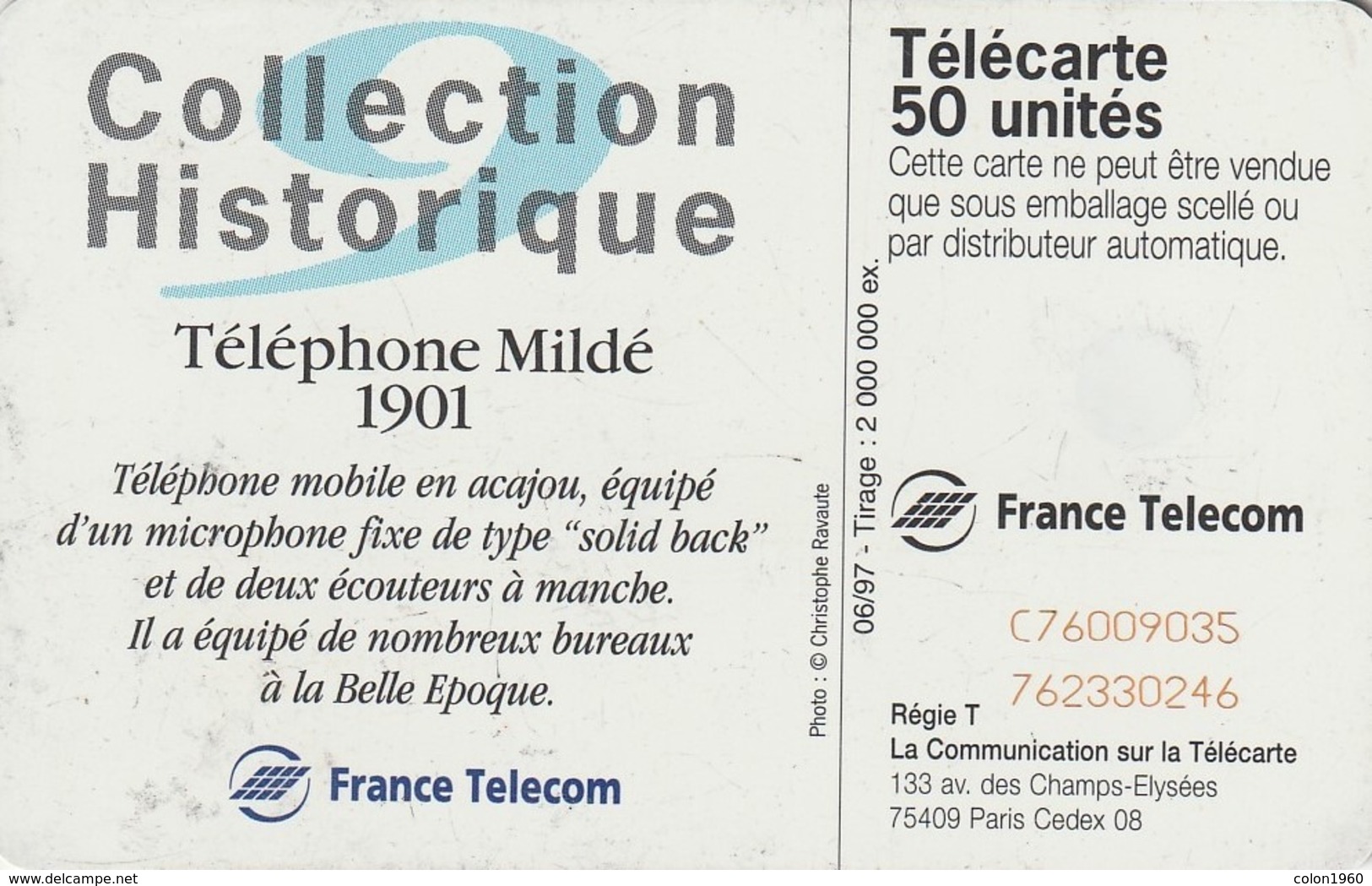 FRANCIA. Collection Historique N. 09 - Téléphone Milde 1901. 50U. 06/97. 0750. (267). - 1997