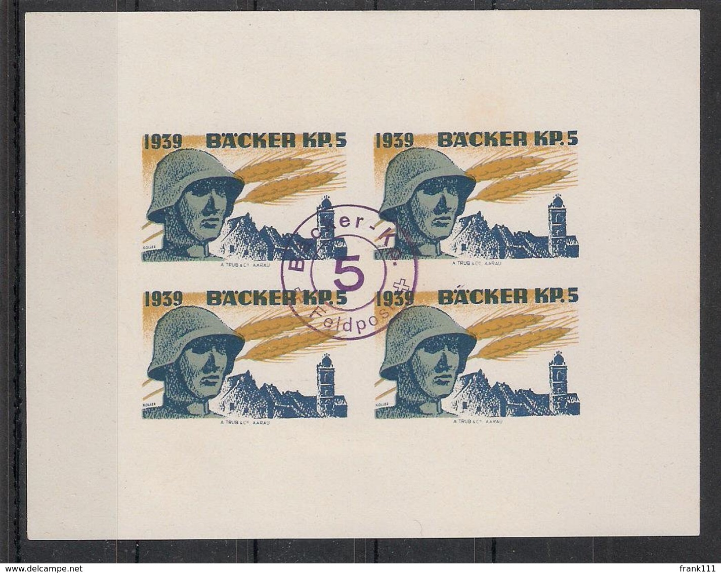 Schweiz Soldatenmarken Bäcker Kp. 5 ° 1939 Stempel Feldpost Soldat Getreide Ähren Ungezähnt / Geschnitten - Vignettes