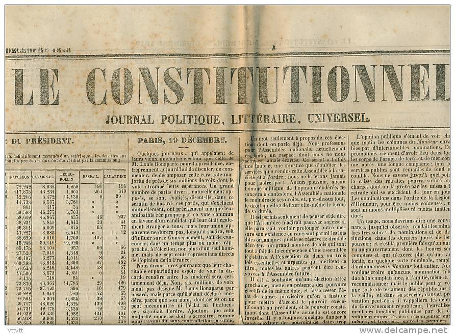 Journal LE CONSTITUTIONNEL, N° 355 (20 Décembre 1848) : Elections, Louis-Napoléon Bonaparte, Nouvelles France, Etranger - 1800 - 1849