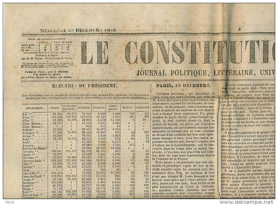 Journal LE CONSTITUTIONNEL, N° 355 (20 Décembre 1848) : Elections, Louis-Napoléon Bonaparte, Nouvelles France, Etranger - 1800 - 1849