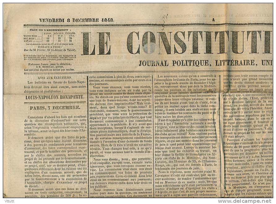 Journal LE CONSTITUTIONNEL, N° 343 (8 Décembre 1848) : Elections,Louis-Napoléon Bonaparte, Nouvelles De France, Etranger - 1800 - 1849