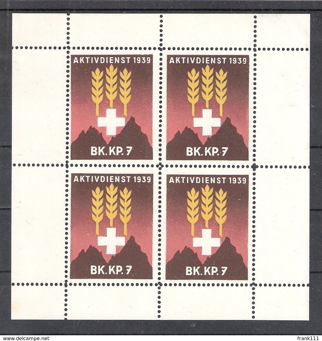 Schweiz Soldatenmarken Bäcker Bk. Kp. 7 ** Aktivdienst 1939 - Vignettes