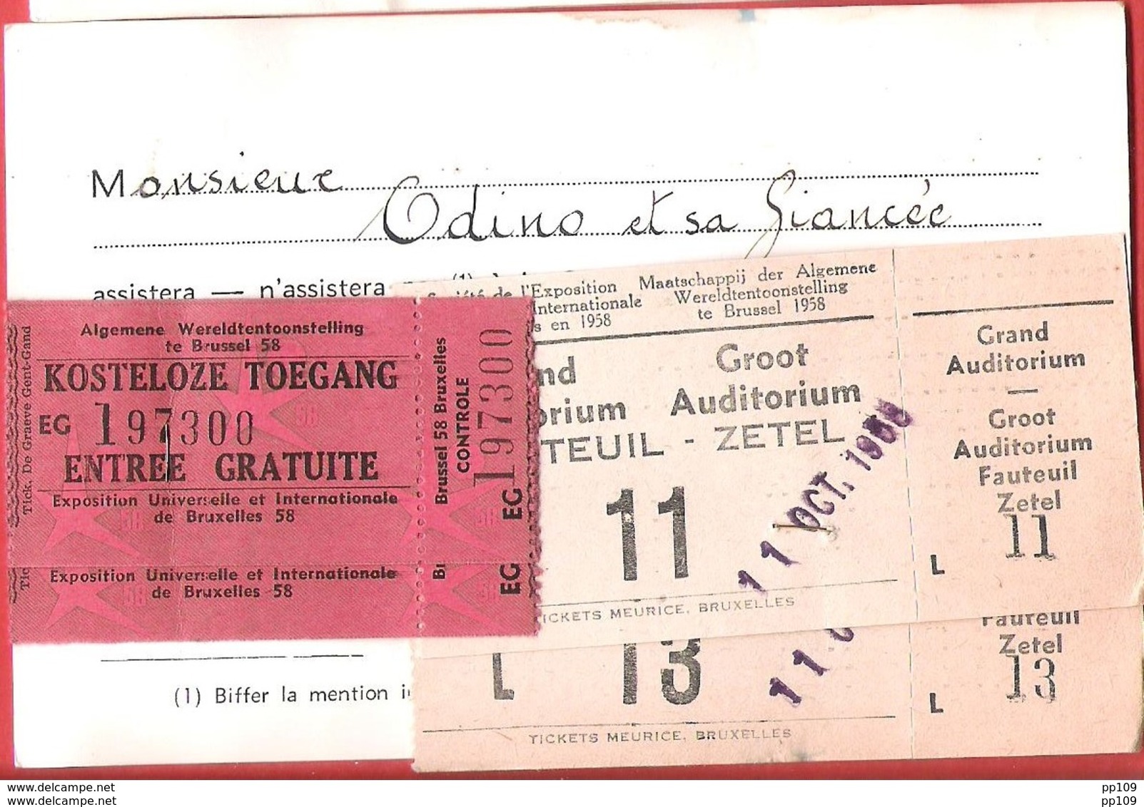 EXPOSITION UNIVERSELLE 1958  CROIX ROUGE 2 Ticket D'entrée Gratuite Avec Le Coupon De Contrôle + 2 Places Auditorium - Biglietti D'ingresso