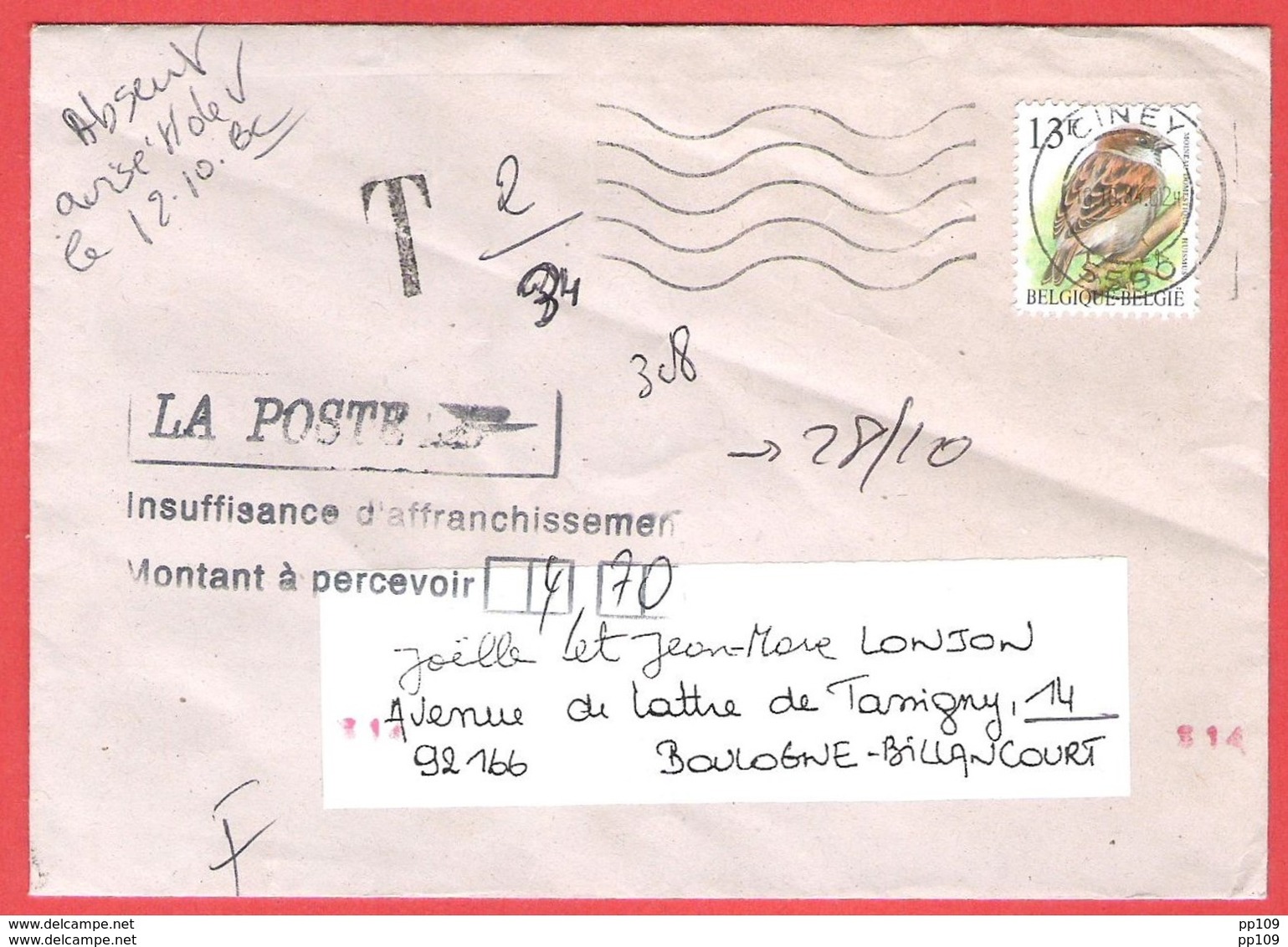 BUZIN Sur L   Insuffisament Affranchie De CINEY Vers FRANCE - Briefe U. Dokumente