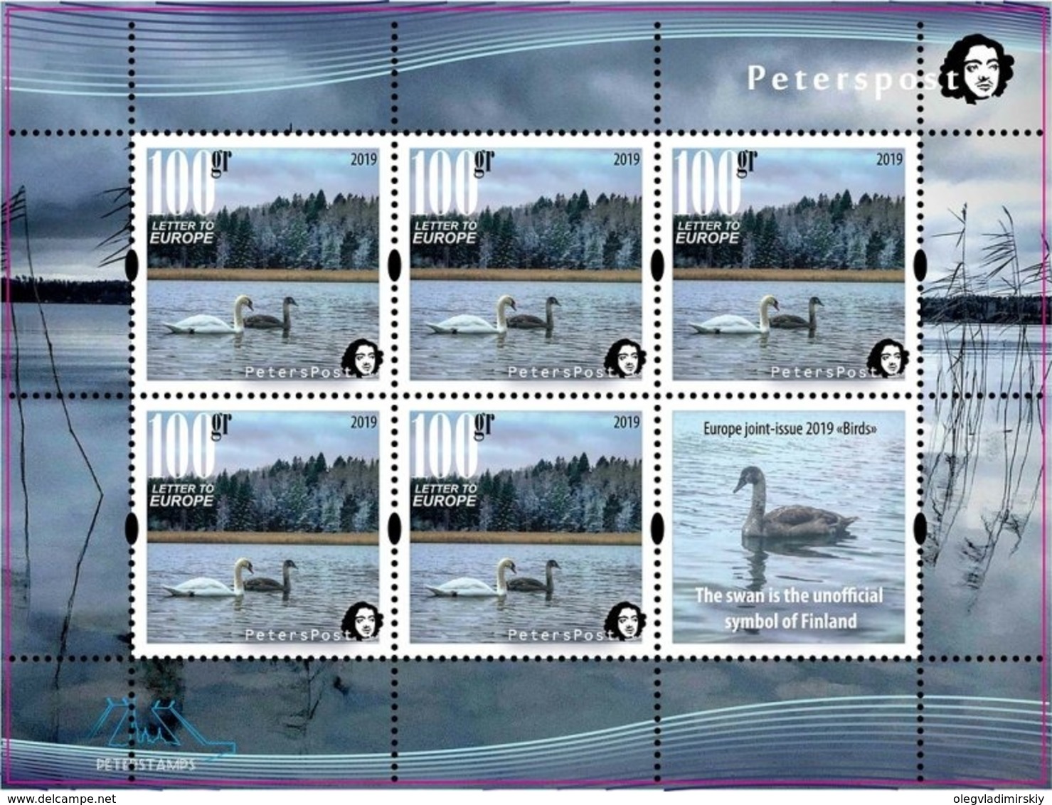 Finland. Peterspost. Europa 2019, Birds, Swan. Sheetlet With 5 Stamps And 1 Label Mint, Face Value Price! - 2019