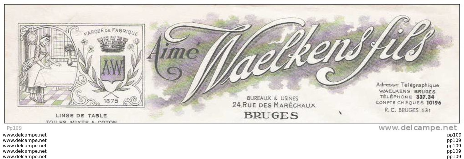 Ancienne Facture AImé WAELKENS Rue Des Maréchaux à BRUGES BRUGGE Linge Toile 1954 + Timbres Fiscaux - Autres & Non Classés