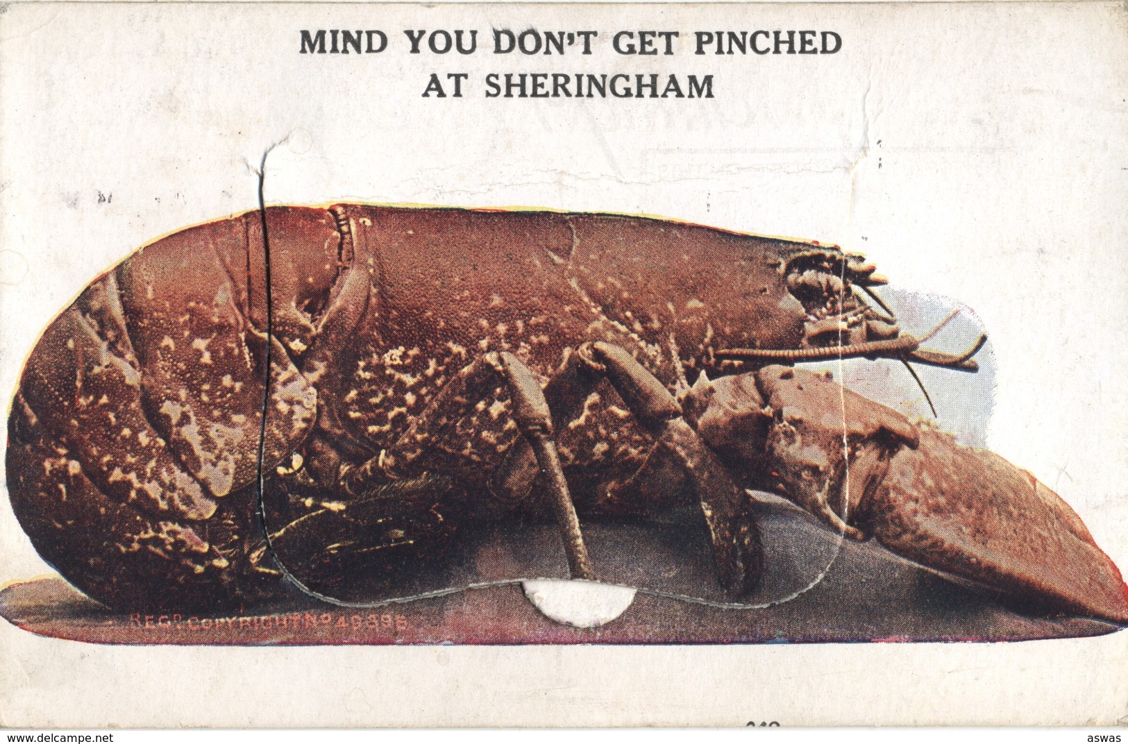 NOVELTY PULL OUT CARD: LOBSTER ~ MIND YOU DON'T GET PINCHED AT SHERINGHAM, NORFOLK Pu1934? - Altri & Non Classificati