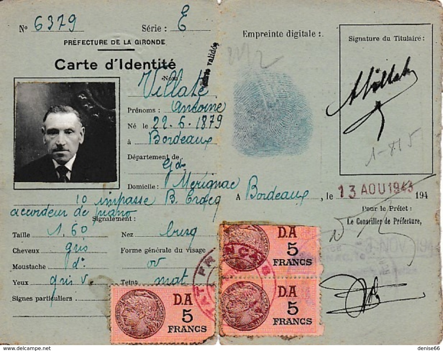 WW2 1943 - ETAT FRANÇAIS - BORDEAUX - CARTE D’IDENTITÉ - Historische Dokumente
