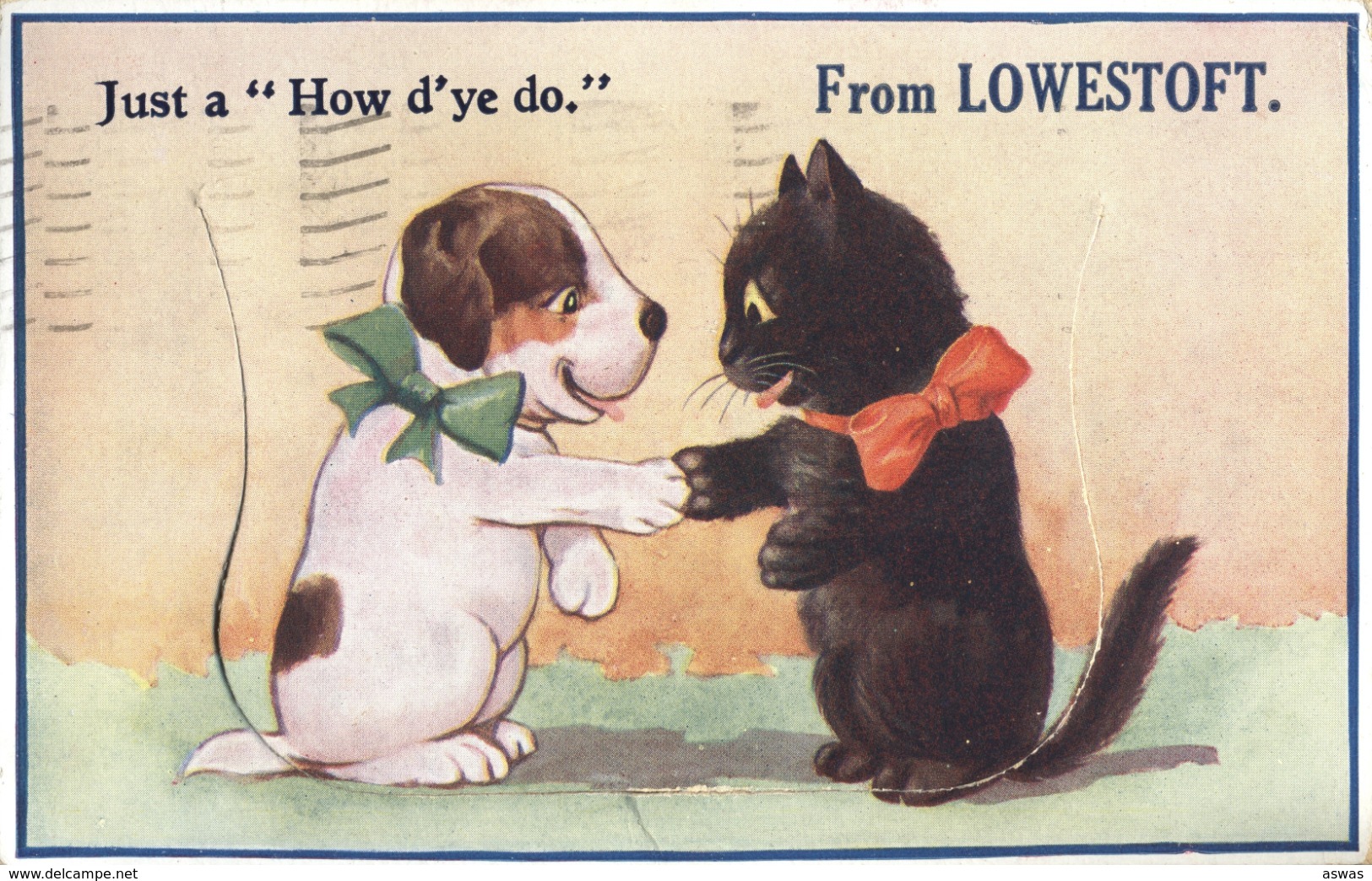 NOVELTY PULL OUT CARD: BLACK CAT & PUPPY ~ JUST A HOW D'YE DO FROM LOWESTOFT, SUFFOLK Pu1939 - Lowestoft