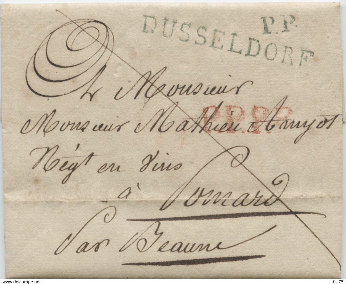 ALLEMAGNE - DUSSELDORF + P.P. BLEU SUR LETTRE AVEC TEXTE POUR LA FRANCE, 1810 - Prephilately