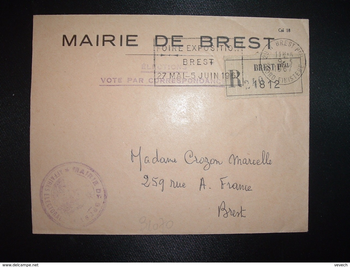 LR ELECTIONS VOTE PAR CORRESPONDANCE MAIRIE OBL.MEC.9-3 1967 29 N BREST PPAL NORD FINISTERE FOIRE EXPOSITION 27 MAI - 5 - 1961-....