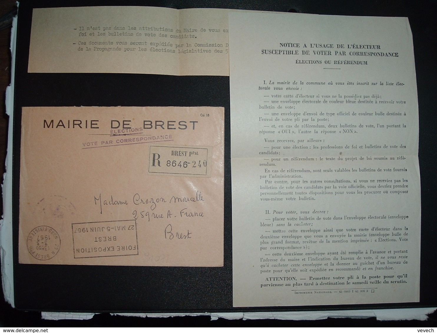 LR ELECTIONS VOTE PAR CORRESPONDANCE MAIRIE OBL.MEC.3-3 1967 29 N BREST PPAL NORD FINISTERE FOIRE EXPOSITION 27 MAI - 5 - 1961-....