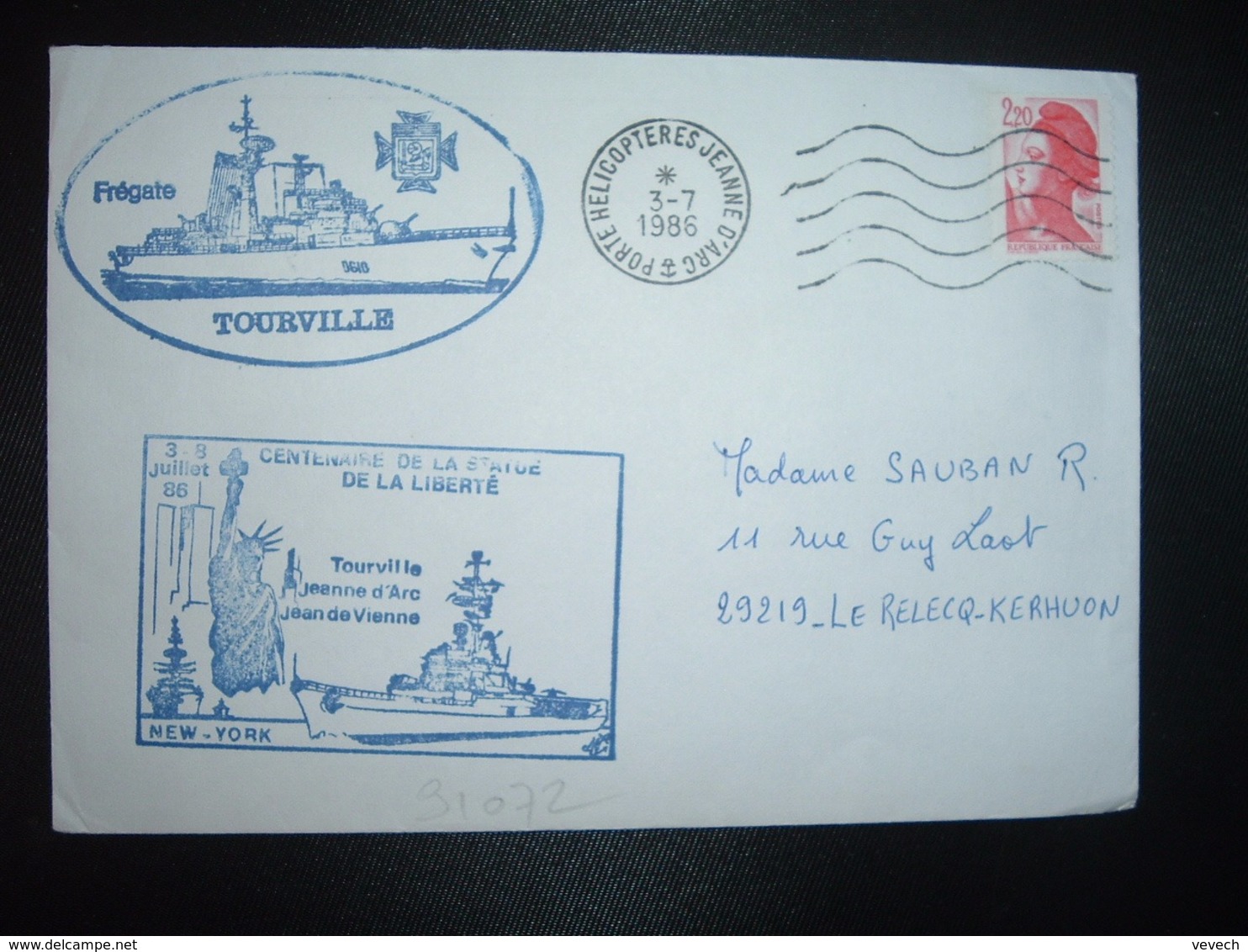 LETTRE TP LIBERTE 2,20 OBL.MEC.3-7 1986 PORTE HELICOPTERES JEANNE D'ARC + FREGATE TOURVILLE + Fusilier SAUBAN - Poste Navale