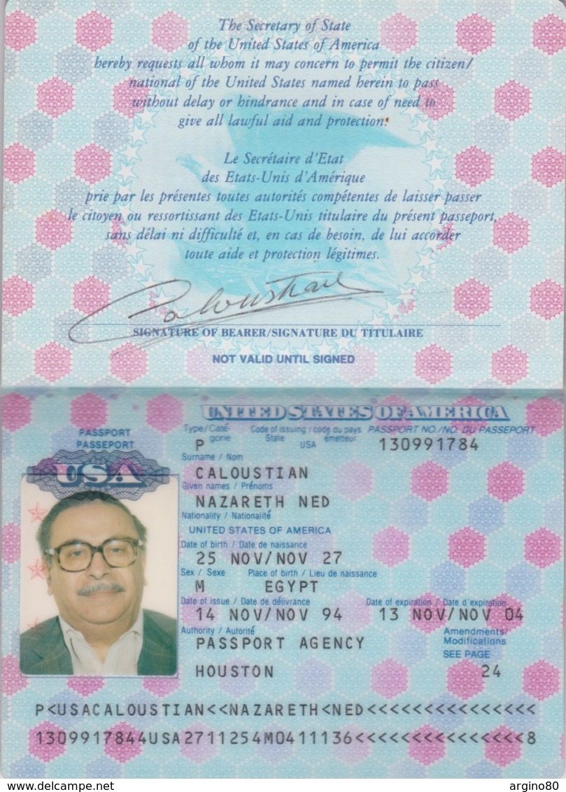 USA UNITED STATES OF AMERICA 1994 BIOMETRIC PASSPORT ARMENIAN CITIZEN FROM EGYPT - Documenti Storici