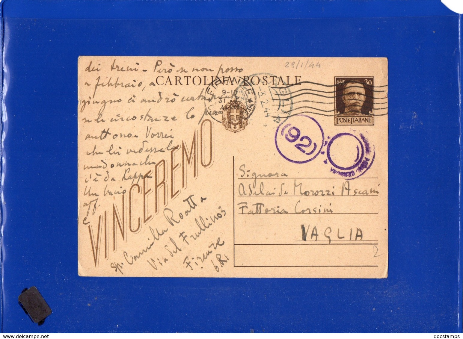 ##(DAN1910)-31-1-1944-Cartolina Postale Vinceremo Cent 30 Da Firenze Per Vaglia, Bolli Di Censura - Marcophilia