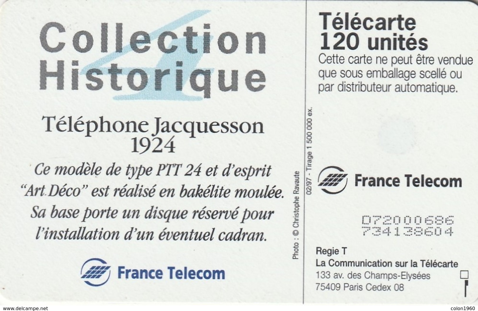 FRANCIA. Collection Historique N. 04 - Téléphone Jacquesson 1924. 120U. 02/97. 0719. (259). - 1997