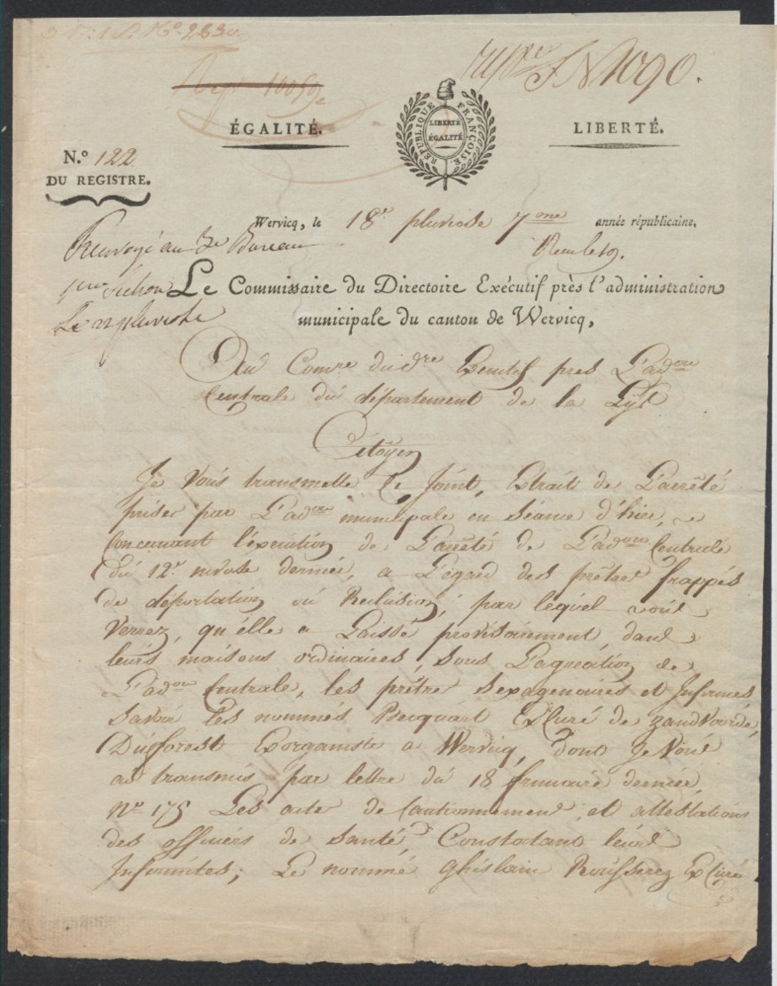 Précurseur - LAC Datée De Wervicq Le 18 Pluviôse (7ième Année Républicaine, 1799) / Canton De Wervicq. - 1794-1814 (Période Française)