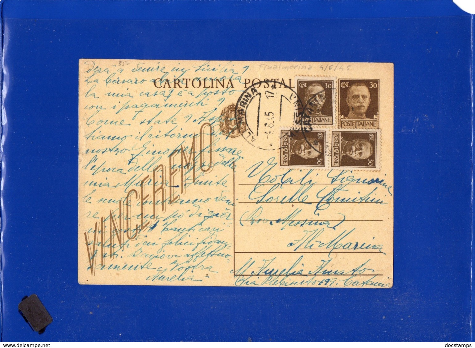 ##(DAN1910)-30-5-1945-Cartolina Postale Vinceremo Cent 30 Da Catania Per Ali Marina (Messina), In Tariffa L.1,20 - Storia Postale