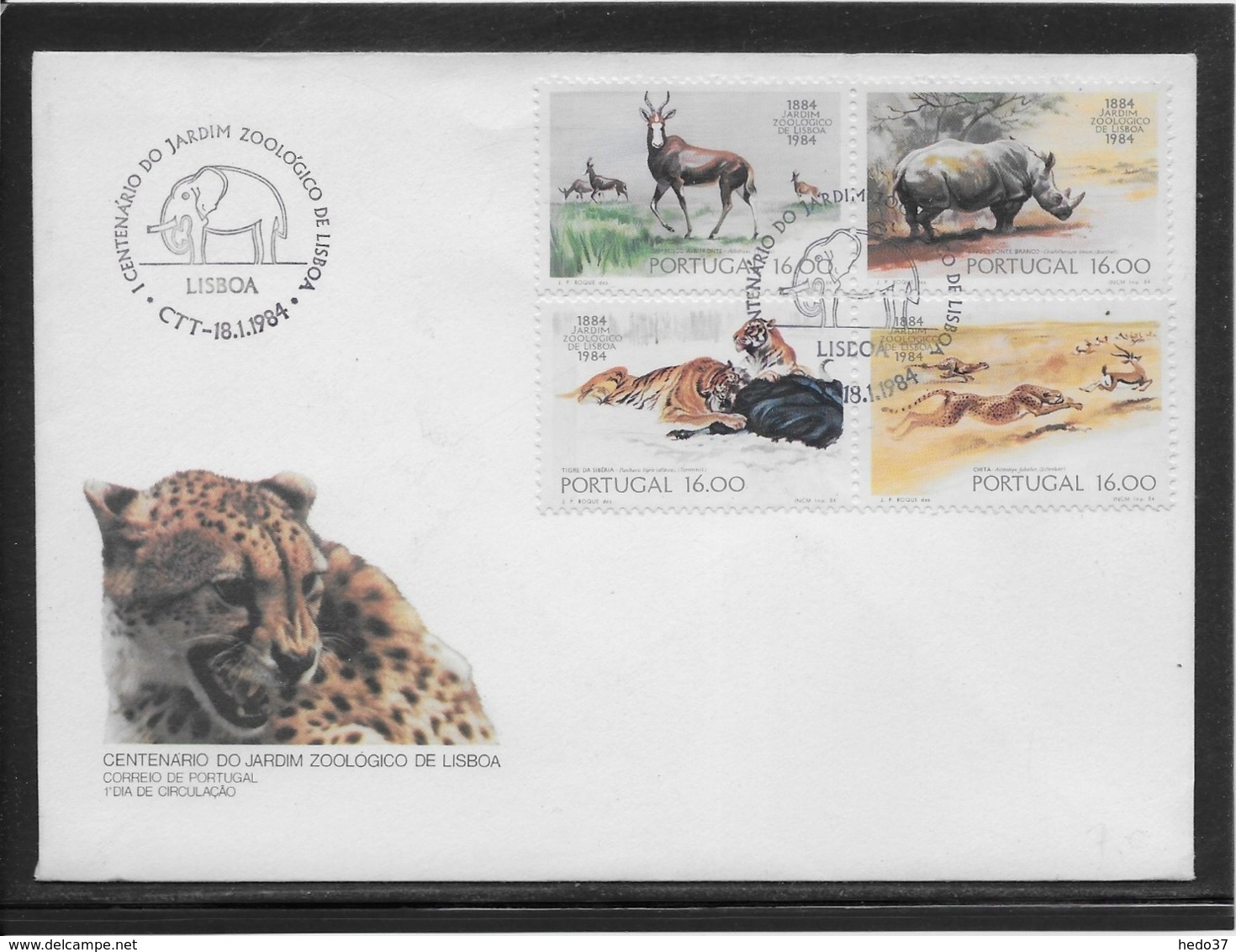 Thème Animaux - Tigre, Léopard, Antilope, Rhinocéros - Portugal - Enveloppe - Félins