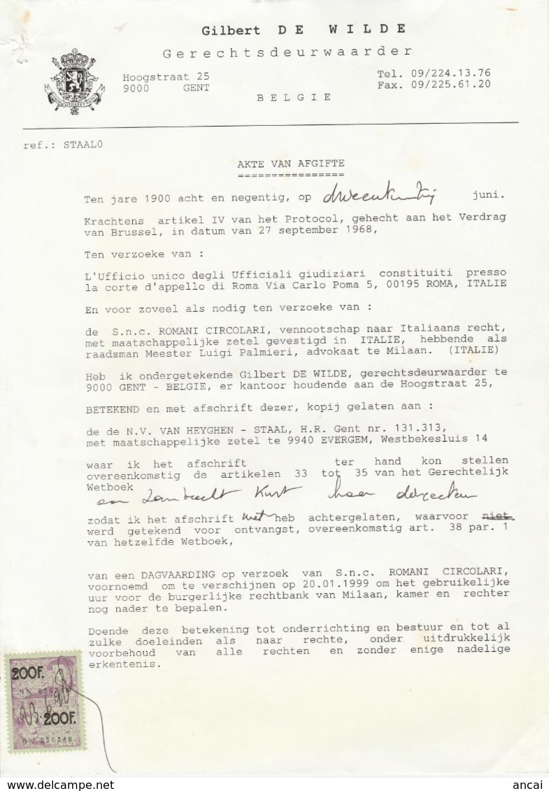 Belgio. 1968. Marca Da Bollo Da 200 F,  Su Documento. - Other & Unclassified