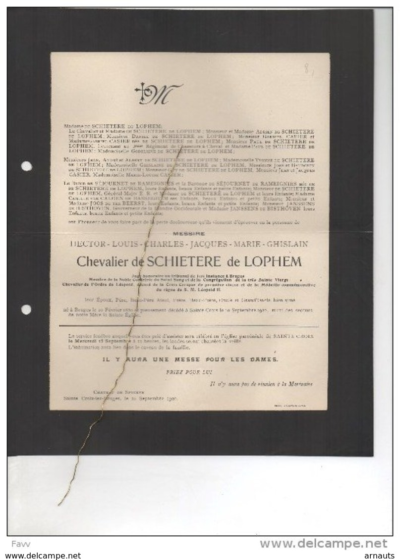 Messire De Schietere De Lophem Juge Tribunal °Brugge 1850 + 10/9/1920 Sint Kruis Casier Séjournet De Rameignies Janssens - Esquela