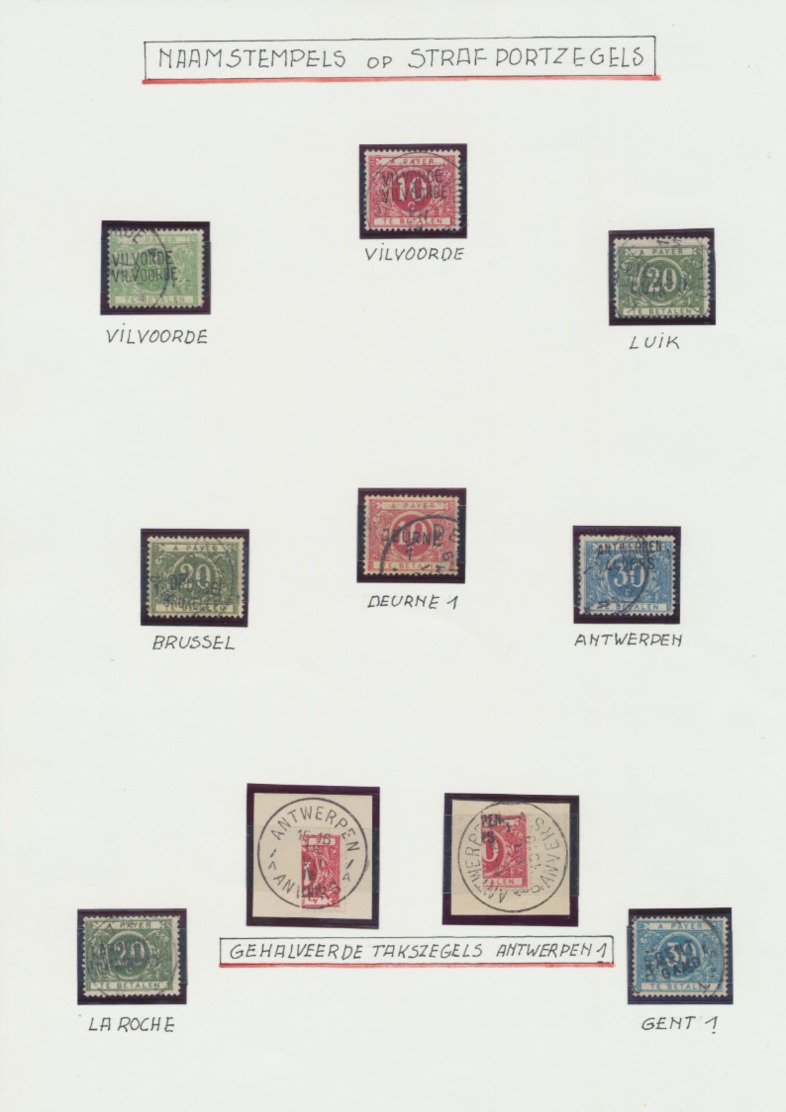 Taxe - Page De Collection Avec 8 TP Isolés + Surchage Ainsi Que 2 Fragments / Deurne, Vilvoorde, La Roche,... - Timbres