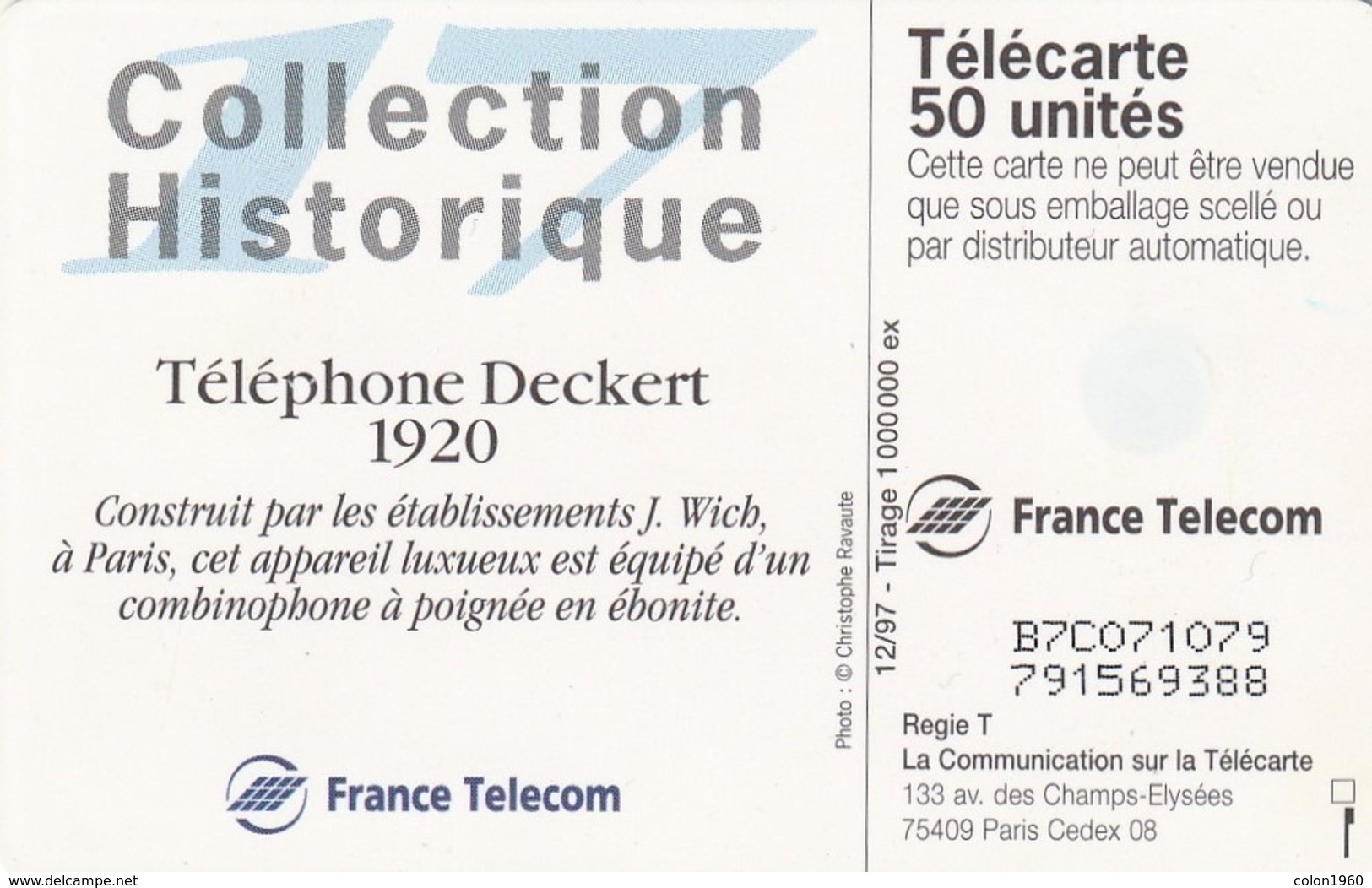 FRANCIA.  Collect. Historique 17 - Tél. Deckert 1920 (GEM1 Black). 50U. 12/97. 0816. (281). - 1997