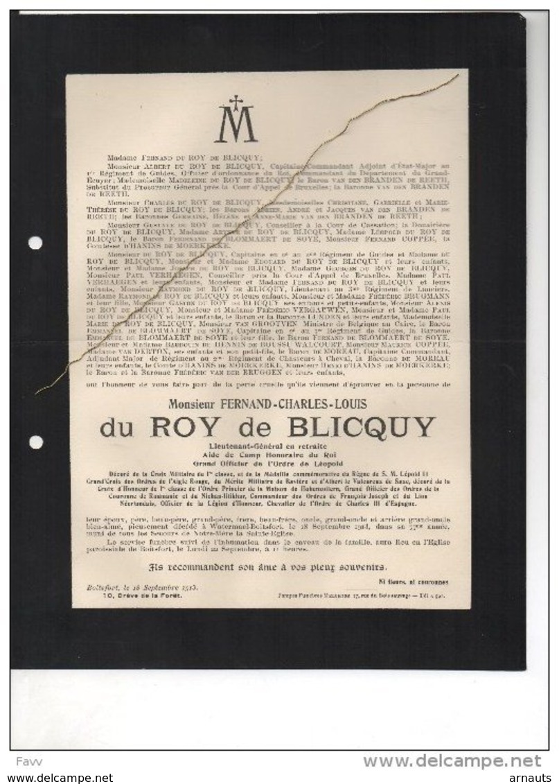 Du Roy De Blicquy Fernand Lieutenant Général Camp Du Roi ° 1836+18/9/1913 Boitsfort Van De Branden De Reeth Hannis De Mo - Esquela