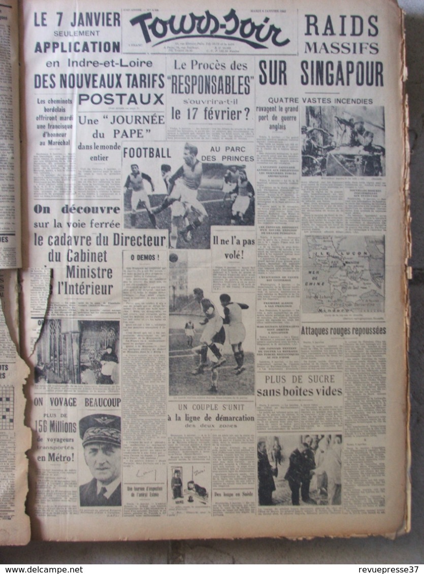 Tours Soir - Plus de 400 journaux reliés de janv 1942 à déc. 1943 - Vie tourangelle pendant l'occupation - Exceptionnel