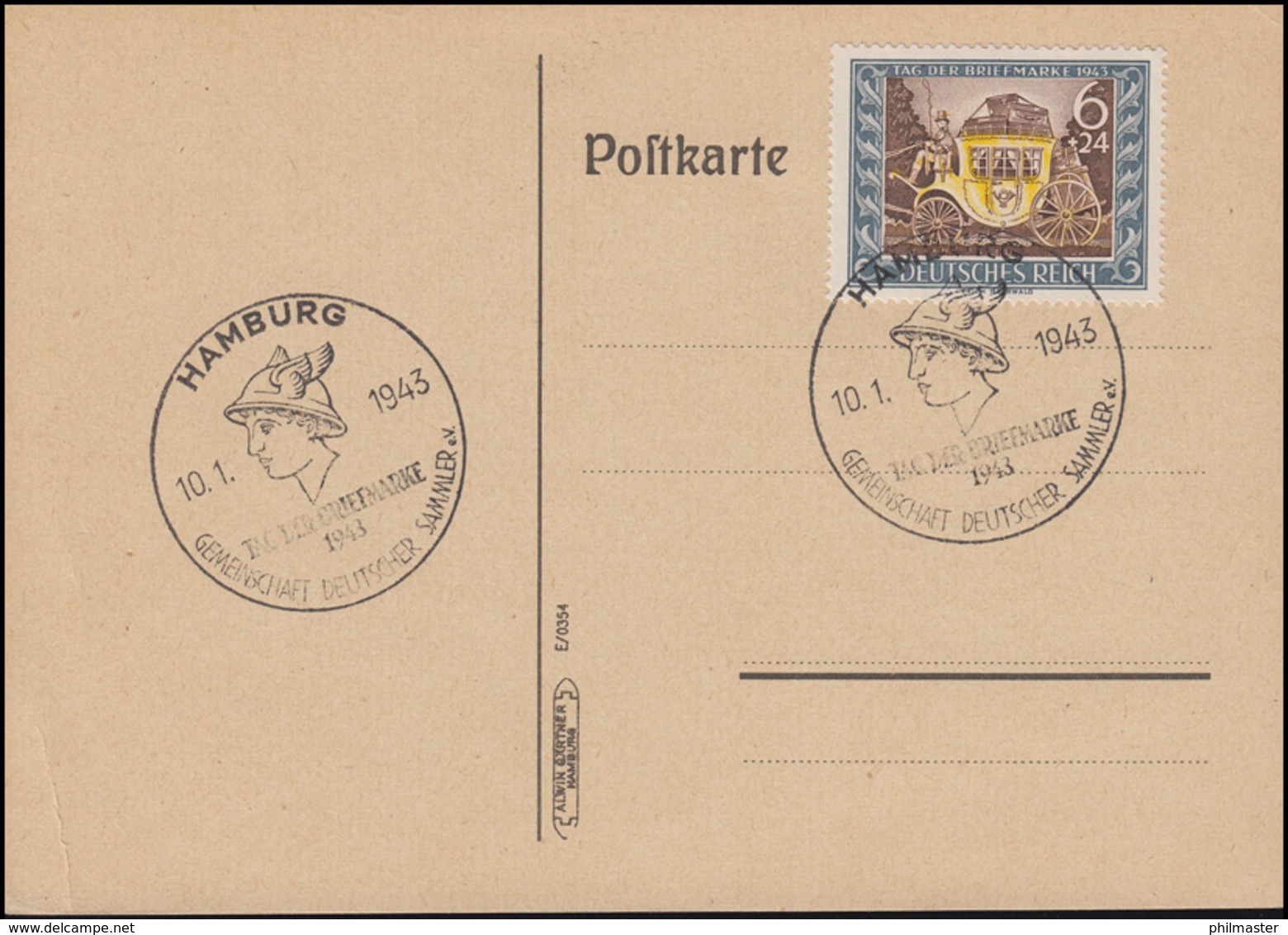 828 Tag Der Briefmarke 1943 Auf Blanko-Postkarte ESSt HAMBURG Hermes 10.1.1943 - Día Del Sello