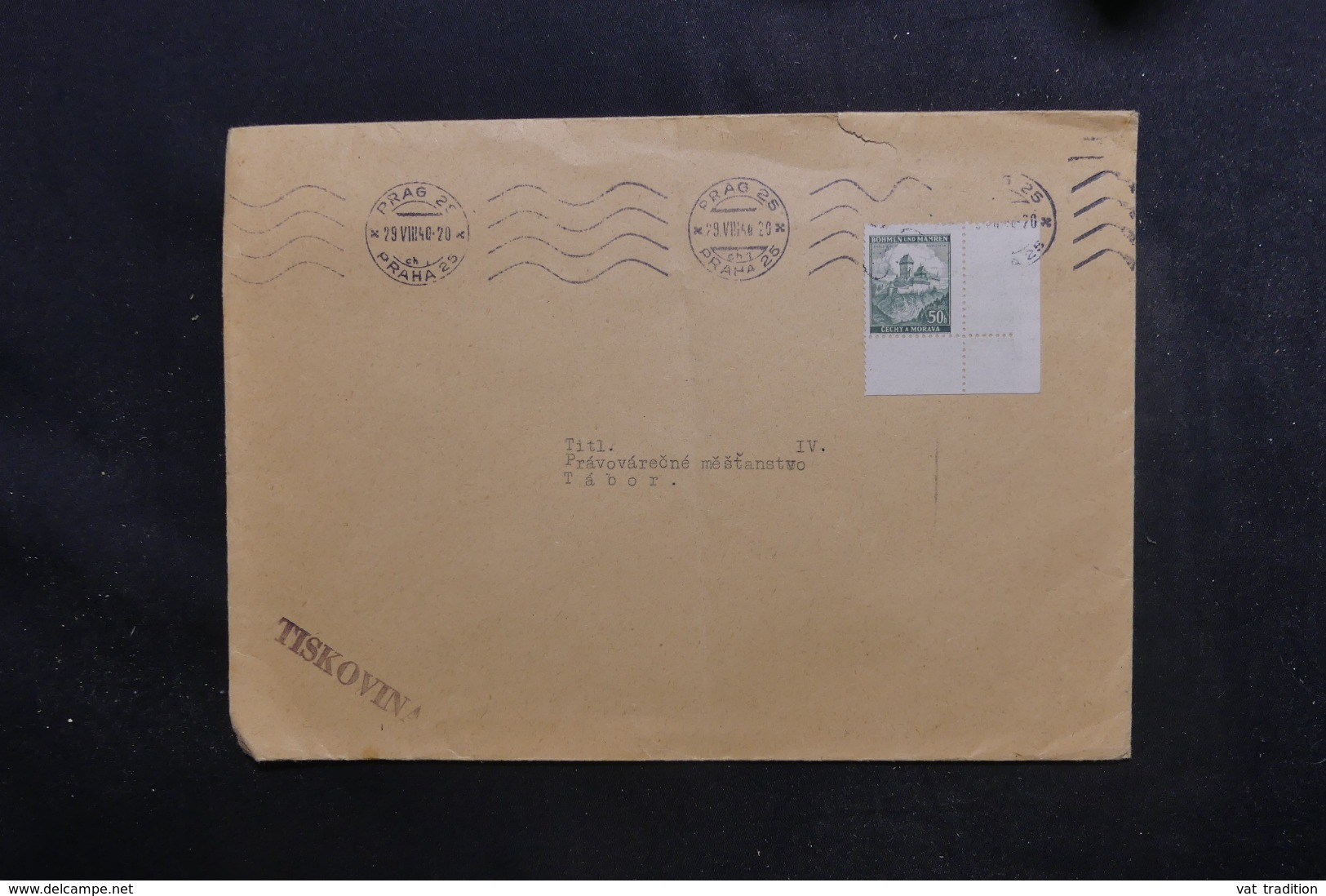 BOHÊME ET MORAVIE - Enveloppe De Prague Pour Tabor En  1940, Affranchissement Plaisant Coin De Feuille - L 44887 - Lettres & Documents