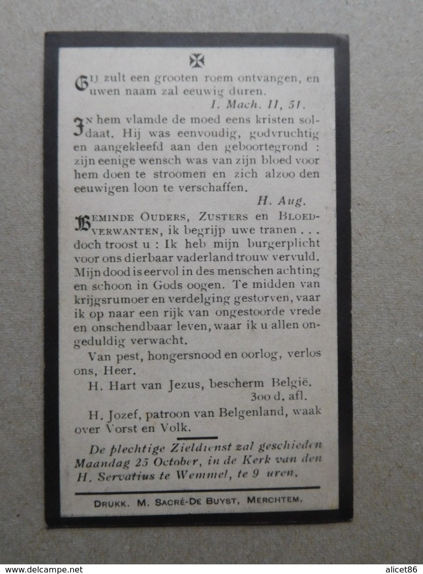 Ludovic Van Der Zijpen Wemmel 1890 = October 1914 / WW1 Soldaat Bij Het 2e Regiment Karabiniers - Todesanzeige