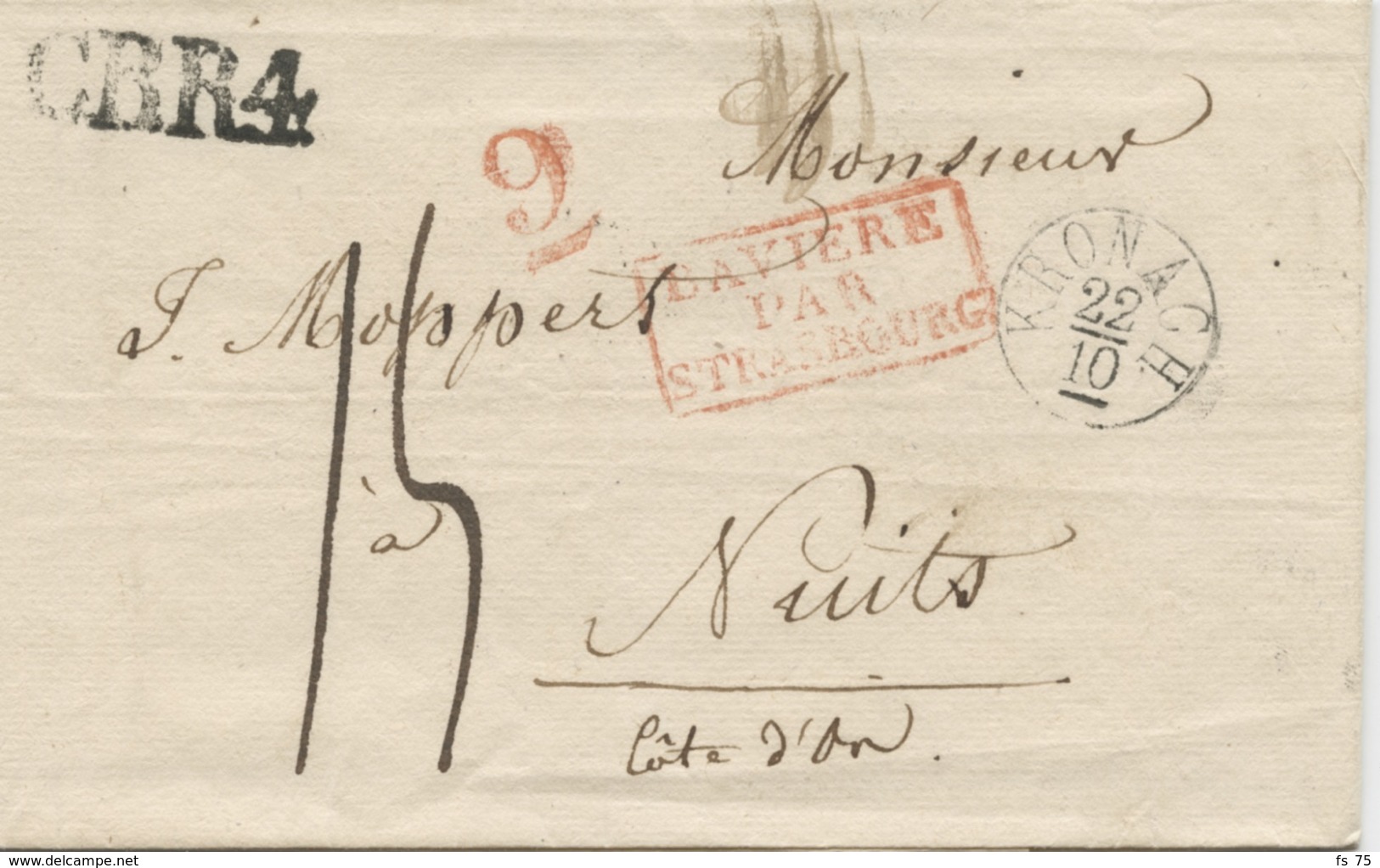 ALLEMAGNE - KRONACH + C.B.R.4 SUR LETTRE SANS TEXTE POUR LA FRANCE, 1833 - Vorphilatelie