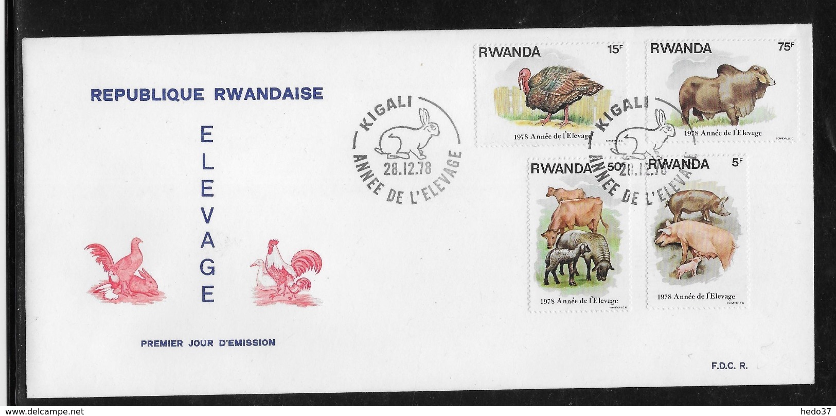 Thème Animaux - Lapin, Buffle, Vache, Mouton, Cochon, Dinde - Rwanda - Enveloppe - Rabbits