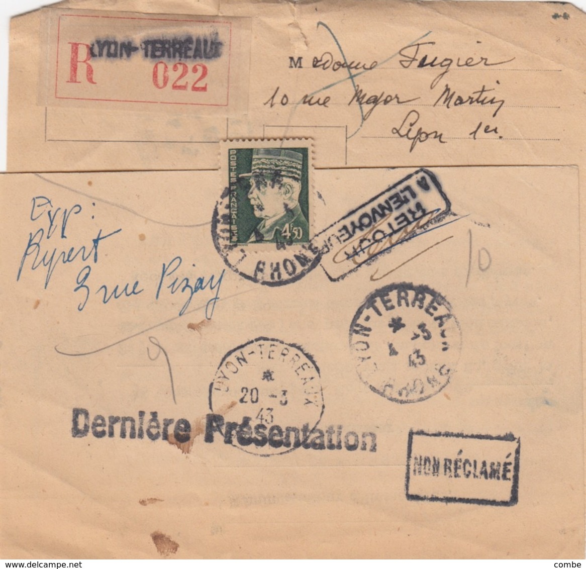 AVIS. 20 3 43. RECOMMANDE.  LYON-TERREAUX POUR LYON. PETAIN 4,50Fr - 1921-1960: Modern Tijdperk