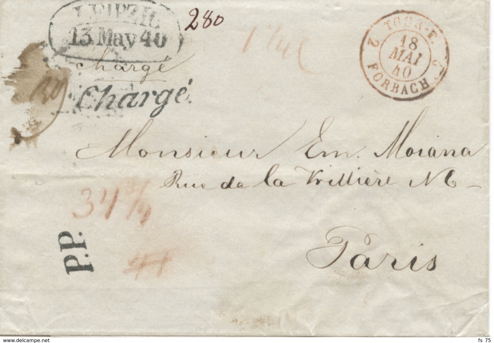 ALLEMAGNE - LEIPZIG 13 MAI 1840 + CHARGE + P.P. SUR LETTRE SANS TEXTE POUR LA FRANCE - Prephilately