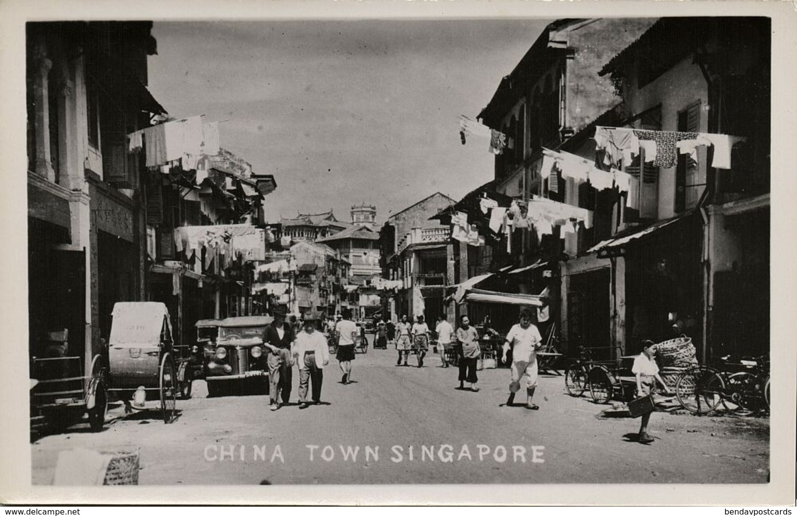 Singapore, China Town, Street Scene, Rickshaw, Car (1940s) RPPC Postcard - Singapore