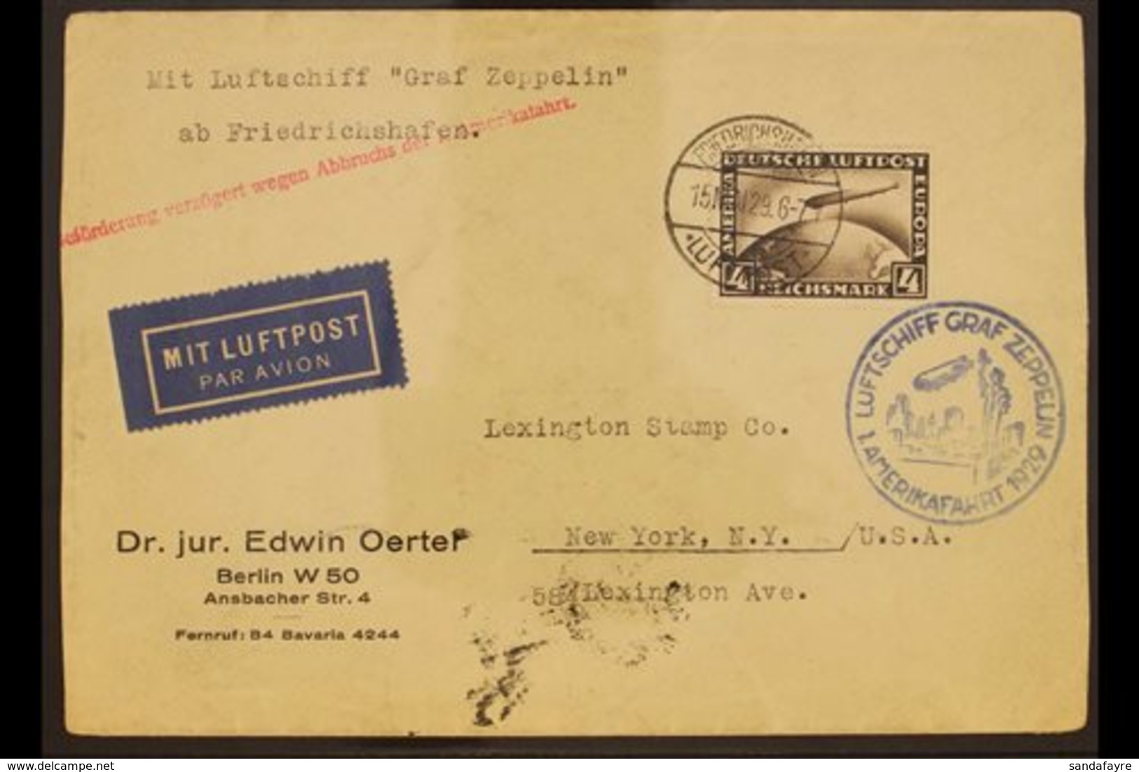 ZEPPELIN INTERRUPTED FLIGHT COVER GERMANY TO USA 1929 (15 May) Cover Bearing 1928 4m Air Stamp Tied By "Friedrichshafen" - Otros & Sin Clasificación