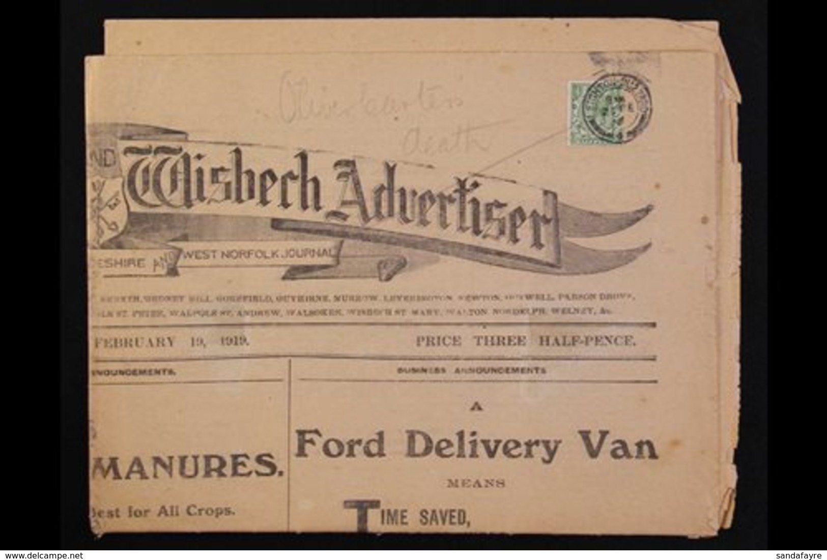 EPHEMERA 1919 Newspaper, "The Isle Of Ely And Wisbech Advertiser" Franked With KGV ½d At Top, Tied By Leighton Buzzard C - Autres & Non Classés