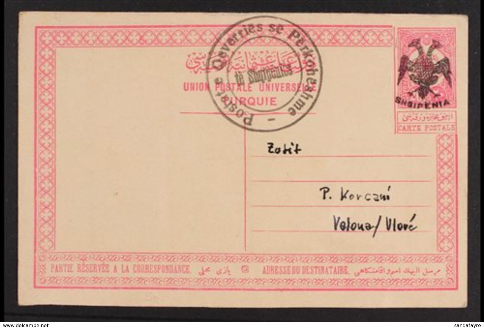 RARE POSTAL CARD 1913 (June) 20pa Rose Carmine On Buff Postal Stationery Card, With Overprinted "Eagle" In Black, Alongs - Albanië