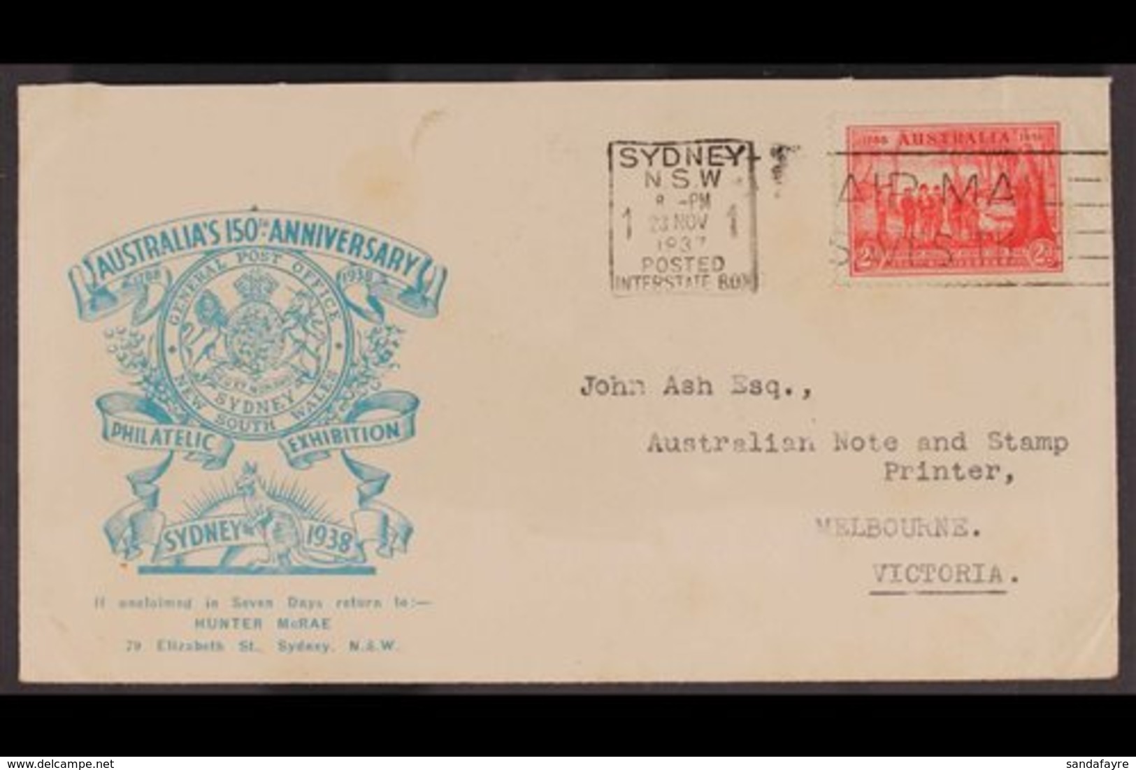 1937 2d Scarlet Foundation Of NSW Stamp With 'MAN WITH TAIL' FLAW (SG 193a) Tied To Illustrated Stamp Exhibition Env By  - Sonstige & Ohne Zuordnung