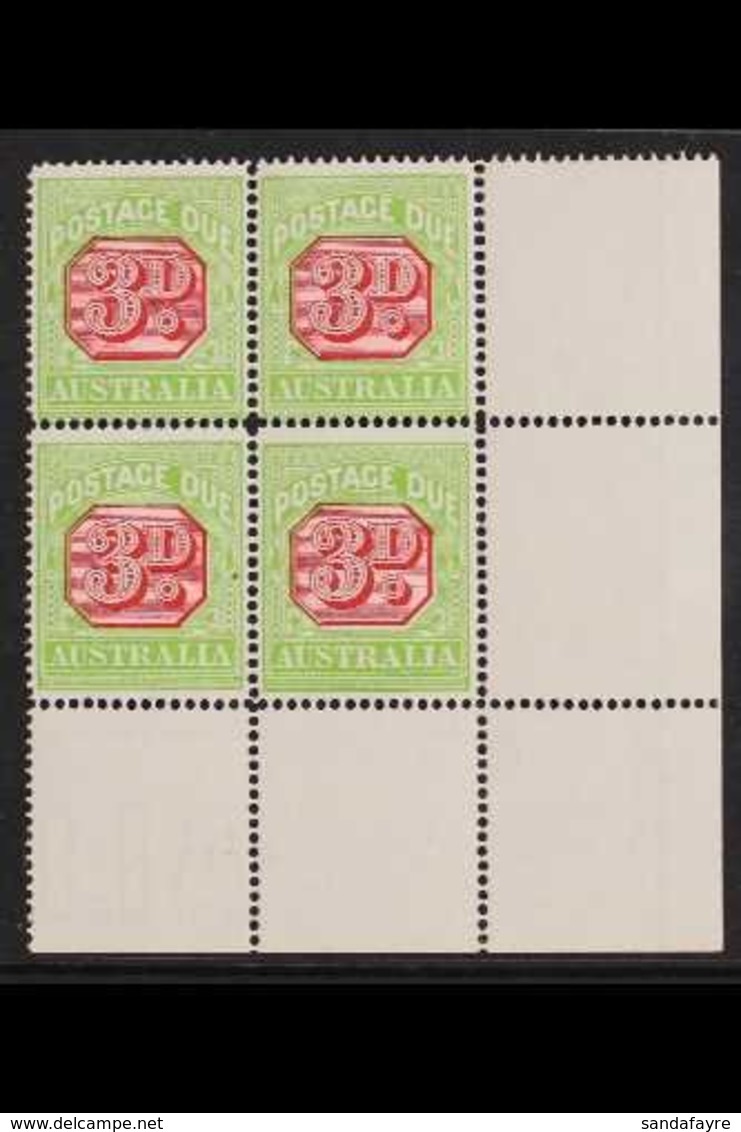 POSTAGE DUES 1913-23 3d Rosine & Apple Green Perf 14, SG D82, Superb Never Hinged Mint Lower Right Corner BLOCK Of 4, On - Altri & Non Classificati