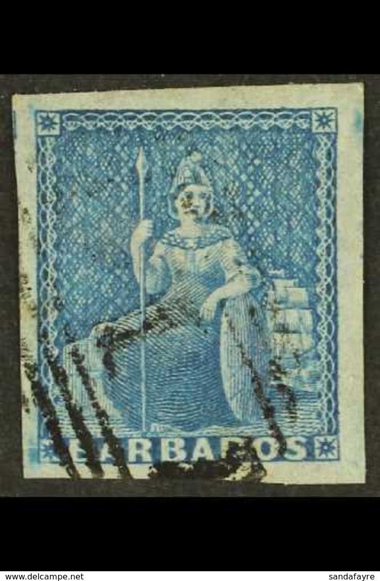 1852-5 (4d) Deep Blue, No Watermark, Blued Paper, Imperforate, SG 4, Very Fine Used, Four Huge Margins, A JUMBO Example! - Barbados (...-1966)