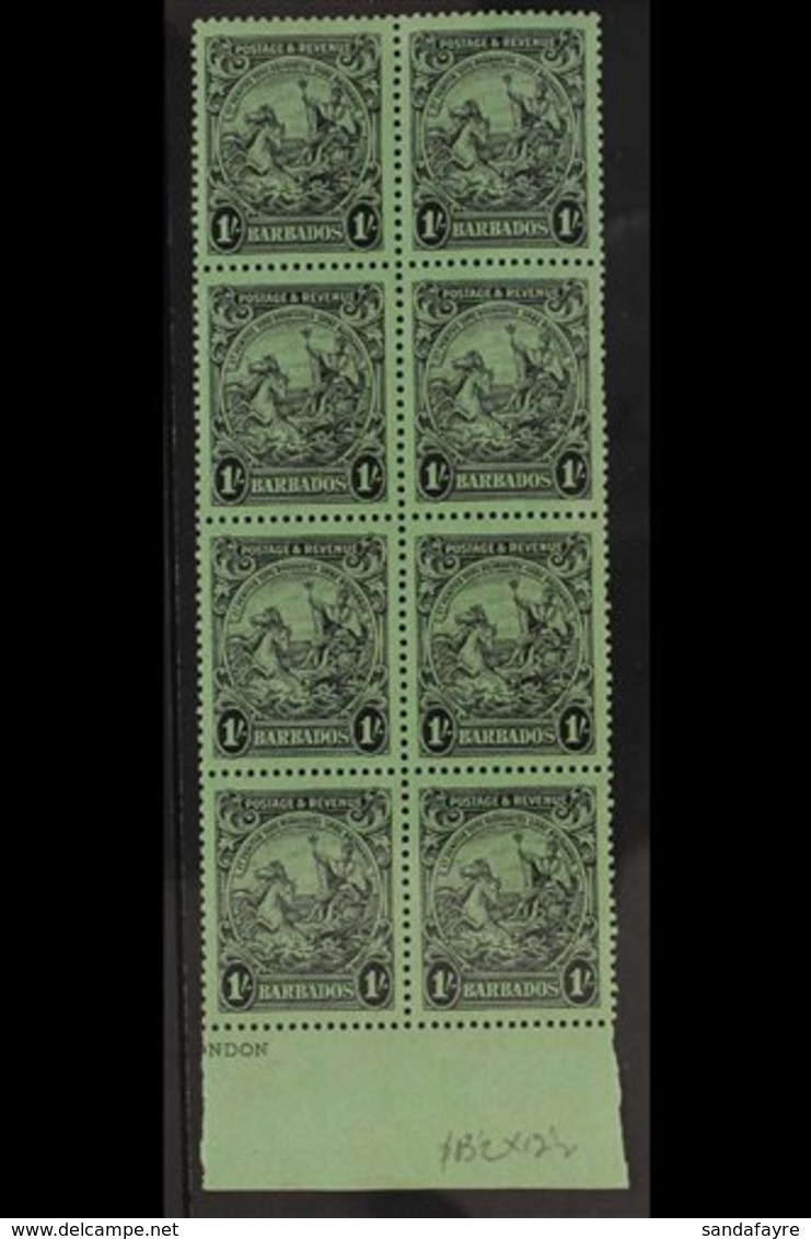 1925 1s Black On Emerald, Badge, Perf 13½x12½, SG 237a, Never Hinged Mint Marginal Block Of 8. For More Images, Please V - Barbados (...-1966)