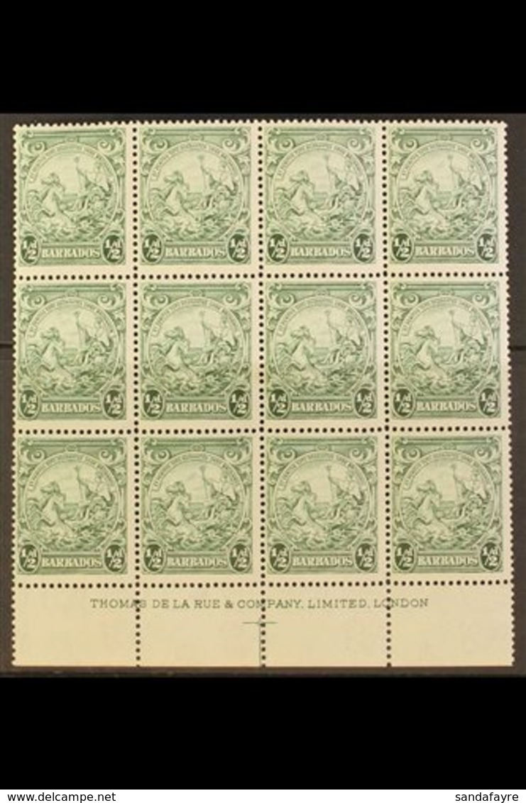 1938 ½d Green Badge Of The Colony, Lower Marginal Imprint Block Of Twelve, Position 10/6 Showing Recut Line, SG 248a, Fi - Barbados (...-1966)