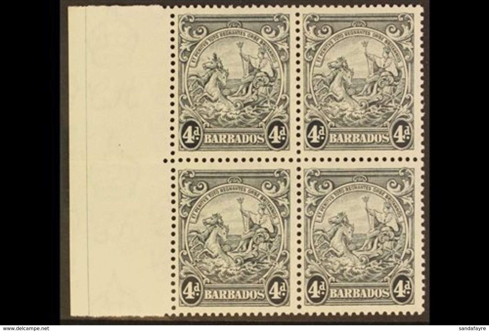 1938 4d Black Badge Of The Colony, Left Marginal Block Of Four, Position 4/1 Showing Flying Mane, SG 253a, Very Fine Min - Barbades (...-1966)